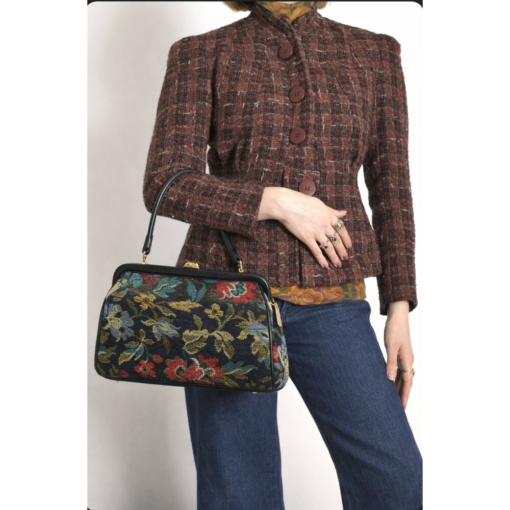 Vintage Needlepoint Carpet Bag Floral Tapestry Structured Art Satchel Retro